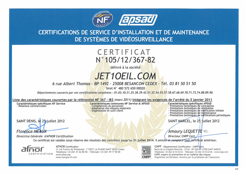 Certification NF Service et APSAD NF 367-I82